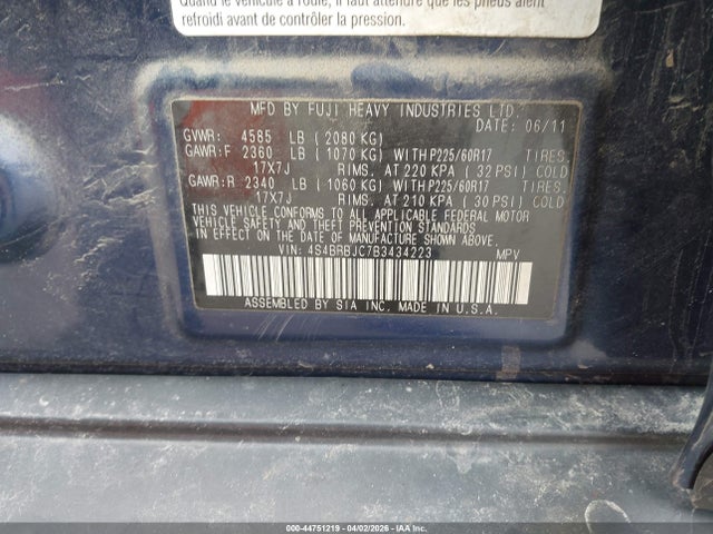 Aukcja sprzedaży 2011 Subaru Outback 2.5i Limited, vin: 4S4BRBJC7B3434223, numer aukcji: 44751219