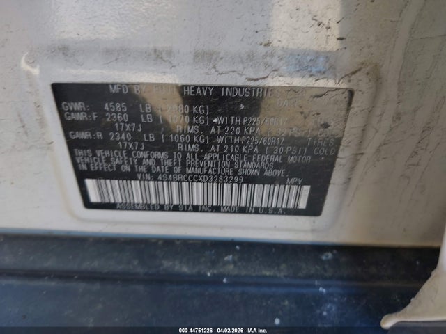 44751226 :رقم المزاد ، 4S4BRCCCXD3283299 vin ، 2013 Subaru Outback 2.5i Premium مزاد بيع