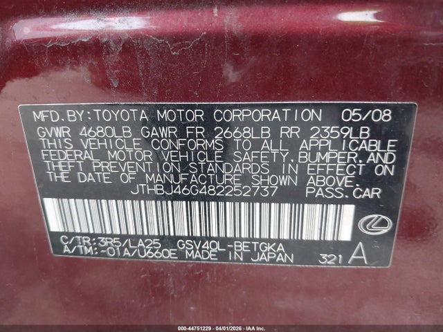 2008 Lexus Es 350 მანქანა იყიდება აუქციონზე, vin: JTHBJ46G482252737, აუქციონის ნომერი: 44751229