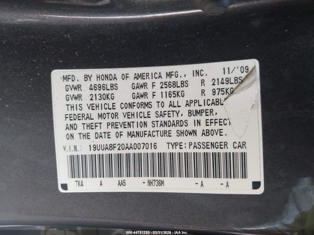 Aukcja sprzedaży 2010 Acura Tl 3.5, vin: 19UUA8F20AA007016, numer aukcji: 44751255
