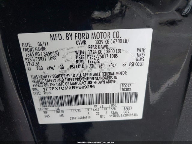 2011 Ford F-150 Xlt მანქანა იყიდება აუქციონზე, vin: 1FTEX1CMXBFB99256, აუქციონის ნომერი: 44751260