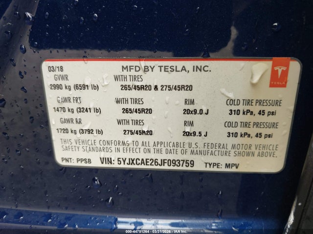 Продаж на аукціоні авто 2018 Tesla Model X 100d/75d/p100d, vin: 5YJXCAE26JF093759, номер лоту: 44751264