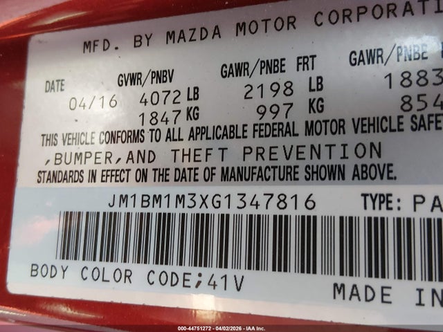 Продаж на аукціоні авто 2016 Mazda Mazda3 S Touring, vin: JM1BM1M3XG1347816, номер лоту: 44751272