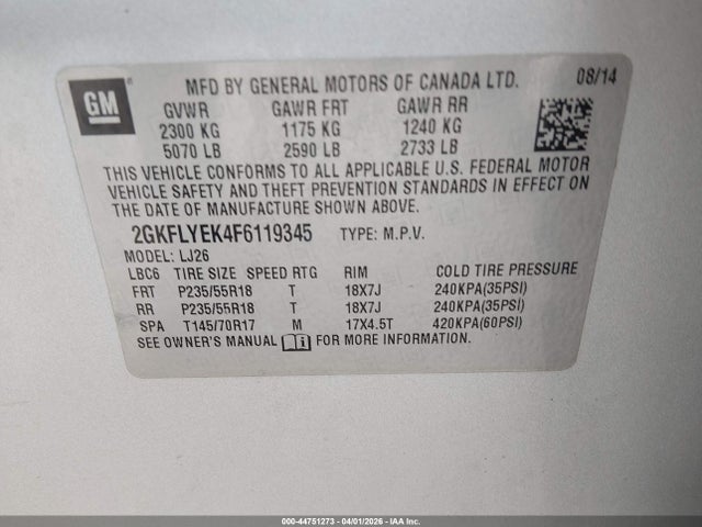 Aukcja sprzedaży 2015 Gmc Terrain Slt-2, vin: 2GKFLYEK4F6119345, numer aukcji: 44751273