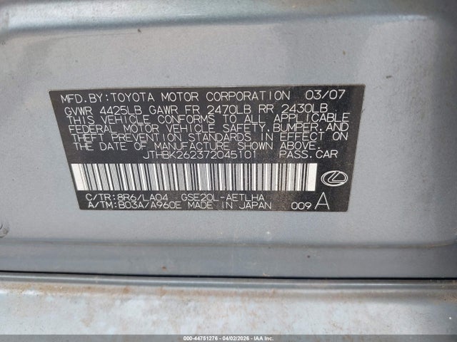 44751276 :رقم المزاد ، JTHBK262372045101 vin ، 2007 Lexus Is 250 مزاد بيع