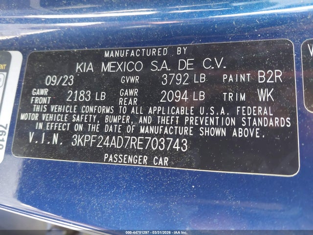 Aukcja sprzedaży 2024 Kia Forte Lxs, vin: 3KPF24AD7RE703743, numer aukcji: 44751297
