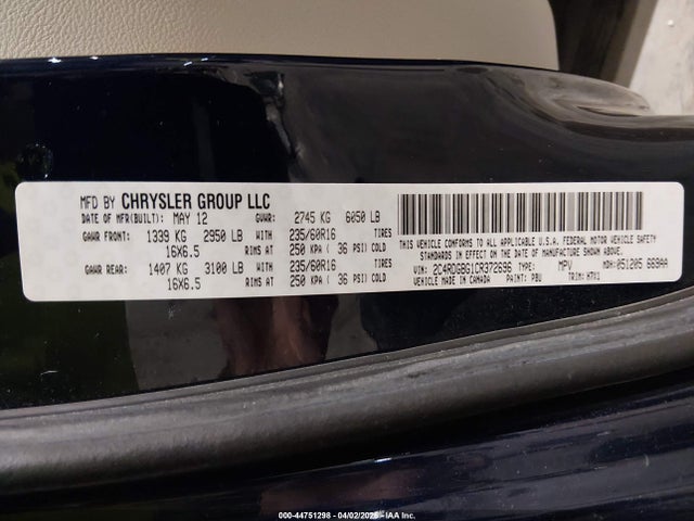 44751298 :رقم المزاد ، 2C4RDGBG1CR372696 vin ، 2012 Dodge Grand Caravan Se/avp مزاد بيع