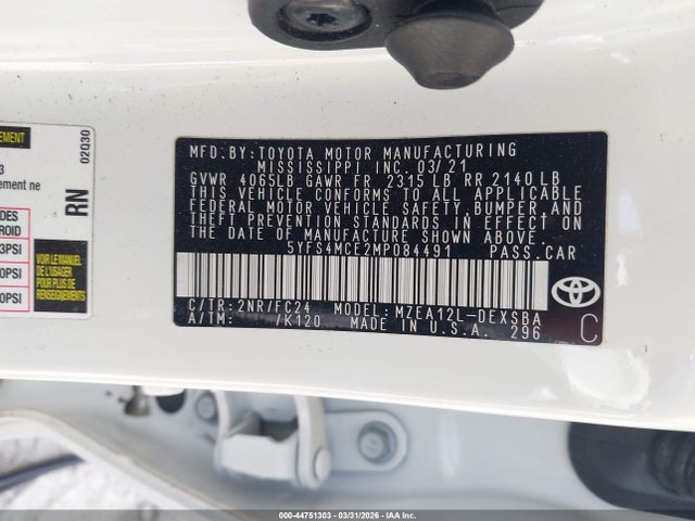 Aukcja sprzedaży 2021 Toyota Corolla Se Apex Edition, vin: 5YFS4MCE2MP084491, numer aukcji: 44751303