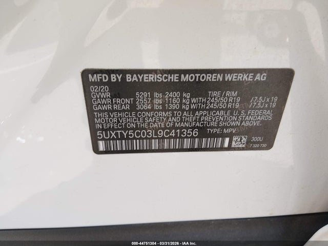 Продаж на аукціоні авто 2020 Bmw X3 Xdrive30i, vin: 5UXTY5C03L9C41356, номер лоту: 44751304