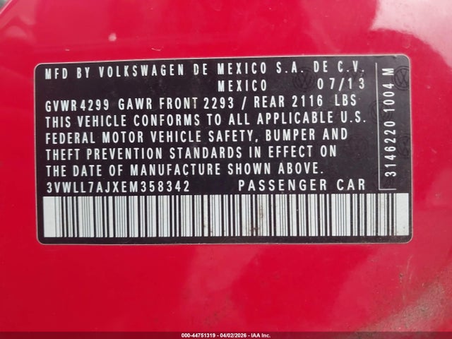 44751319 :رقم المزاد ، 3VWLL7AJXEM358342 vin ، 2014 Volkswagen Jetta 2.0l Tdi مزاد بيع