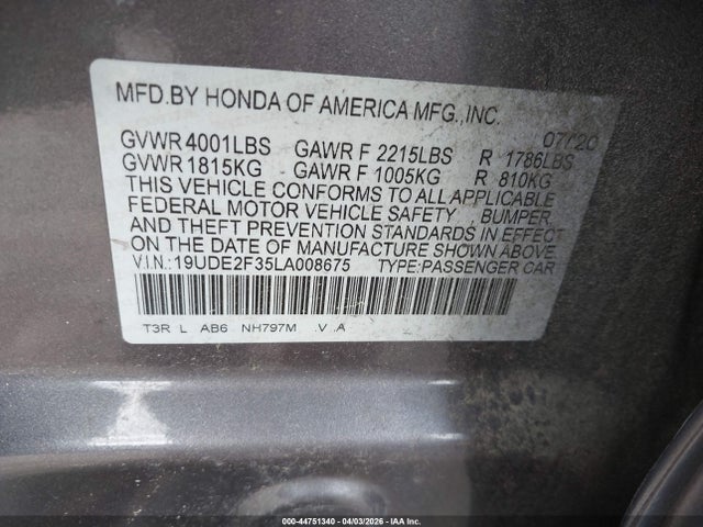 Aukcja sprzedaży 2020 Acura Ilx Standard, vin: 19UDE2F35LA008675, numer aukcji: 44751340