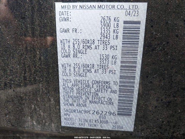 Aukcja sprzedaży 2023 Nissan Pathfinder S 4wd, vin: 5N1DR3AC9PC262296, numer aukcji: 44751379