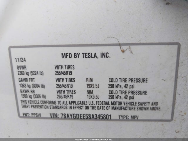 Продаж на аукціоні авто 2025 Tesla Model Y Long Range Dual Motor All-wheel Drive, vin: 7SAYGDEE5SA345801, номер лоту: 44751381