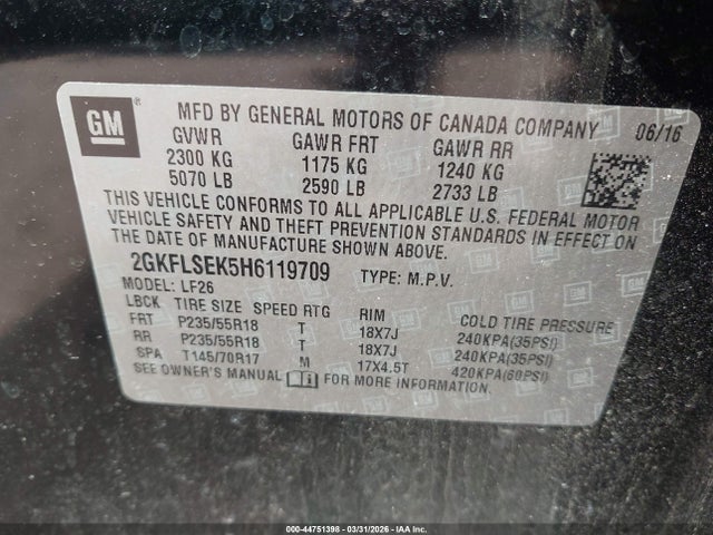 Aukcja sprzedaży 2017 Gmc Terrain Sle-1, vin: 2GKFLSEK5H6119709, numer aukcji: 44751398