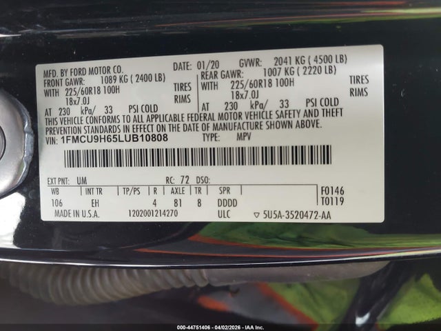 1FMCU9H65LUB10808 Ford ESCAPE SEL