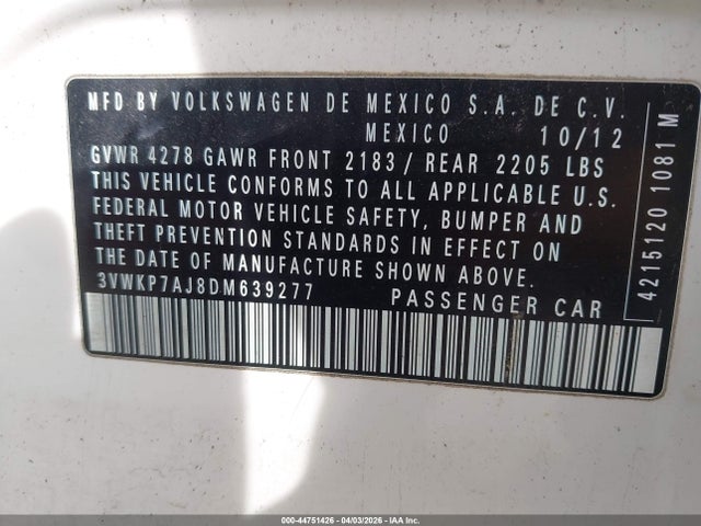 44751426 :رقم المزاد ، 3VWKP7AJ8DM639277 vin ، 2013 Volkswagen Jetta Sportwagen 2.5l S مزاد بيع