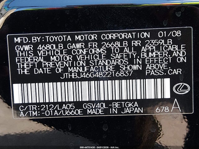 2008 Lexus Es 350 მანქანა იყიდება აუქციონზე, vin: JTHBJ46G482216837, აუქციონის ნომერი: 44751430