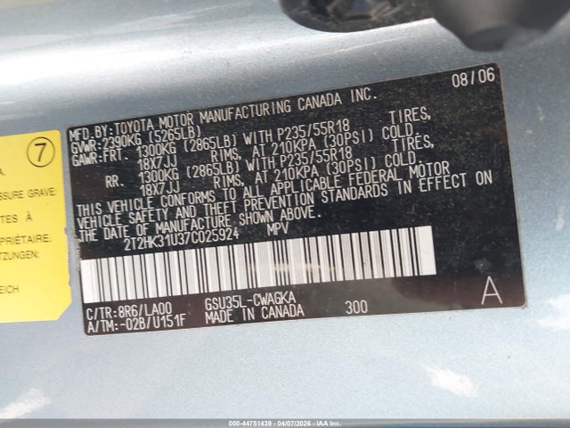 Продаж на аукціоні авто 2007 Lexus Rx 350, vin: 2T2HK31U37C025924, номер лоту: 44751439