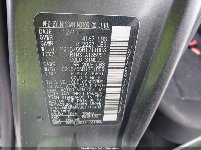 44751442 :رقم المزاد ، JN8AF5MV3CT112403 vin ، 2012 Nissan Juke Sv مزاد بيع