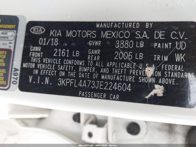 44751445 :رقم المزاد ، 3KPFL4A73JE224604 vin ، 2018 Kia Forte S مزاد بيع