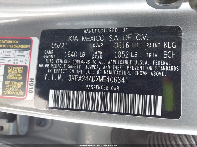 Продаж на аукціоні авто 2021 Kia Rio S, vin: 3KPA24ADXME406341, номер лоту: 44751446