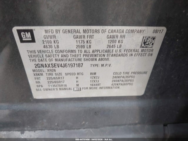 44751456 :رقم المزاد ، 2GNAXSEV4J6197187 vin ، 2018 Chevrolet Equinox Lt مزاد بيع
