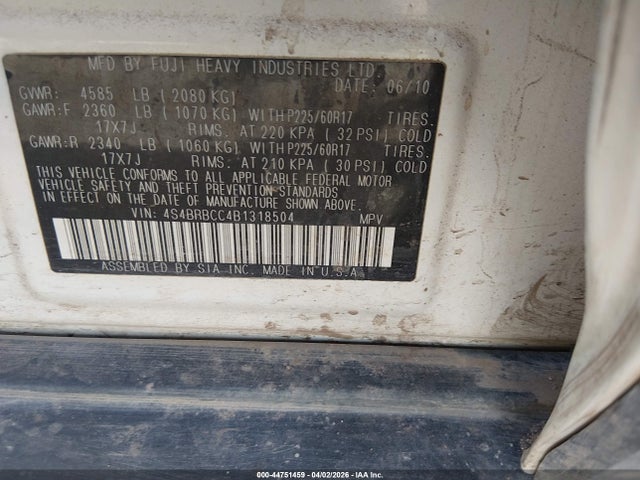 44751459 :رقم المزاد ، 4S4BRBCC4B1318504 vin ، 2011 Subaru Outback 2.5i Prem Awp مزاد بيع