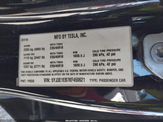 Aukcja sprzedaży 2019 Tesla Model 3 Long Range/performance, vin: 5YJ3E1EB7KF450621, numer aukcji: 44751480