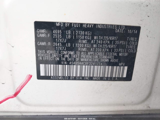 Продажа на аукционе авто 2015 Subaru Outback 2.5i, vin: 4S4BSAAC8F3241714, номер лота: 44751491