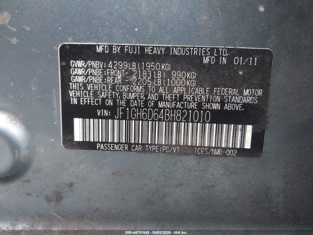 2011 Subaru Impreza Outback Sport მანქანა იყიდება აუქციონზე, vin: JF1GH6D64BH821010, აუქციონის ნომერი: 44751549