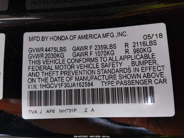 1HGCV1F30JA162584 Honda Accord Sport