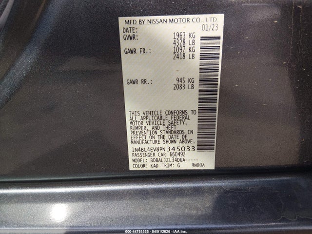 2023 Nissan Altima Sl Fwd მანქანა იყიდება აუქციონზე, vin: 1N4BL4EV8PN345033, აუქციონის ნომერი: 44751555