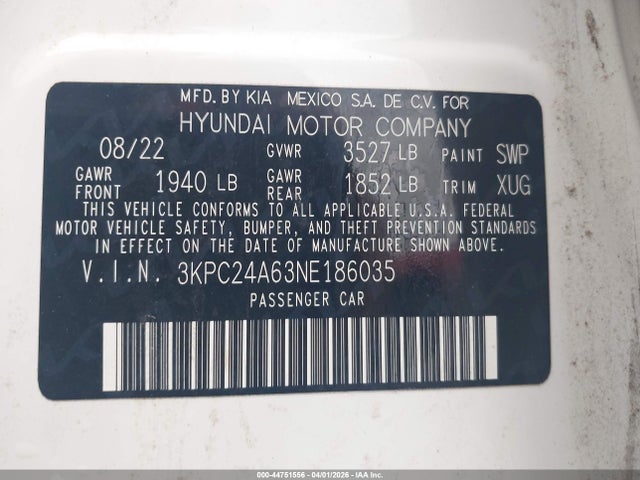Aukcja sprzedaży 2022 Hyundai Accent Sel, vin: 3KPC24A63NE186035, numer aukcji: 44751556