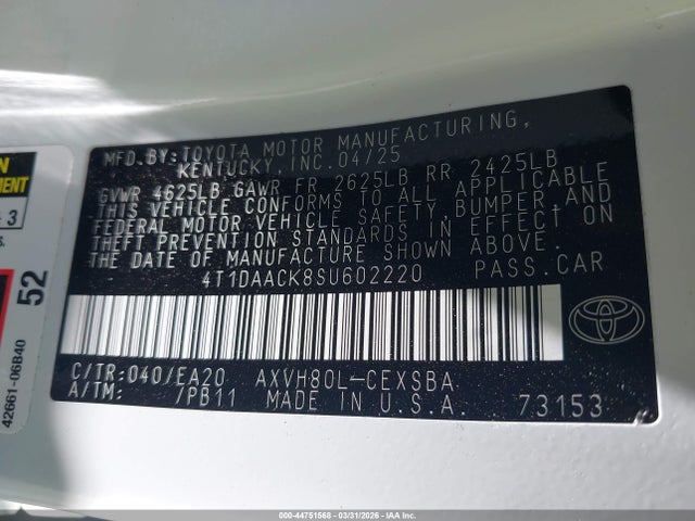 Продаж на аукціоні авто 2025 Toyota Camry Se, vin: 4T1DAACK8SU602220, номер лоту: 44751568