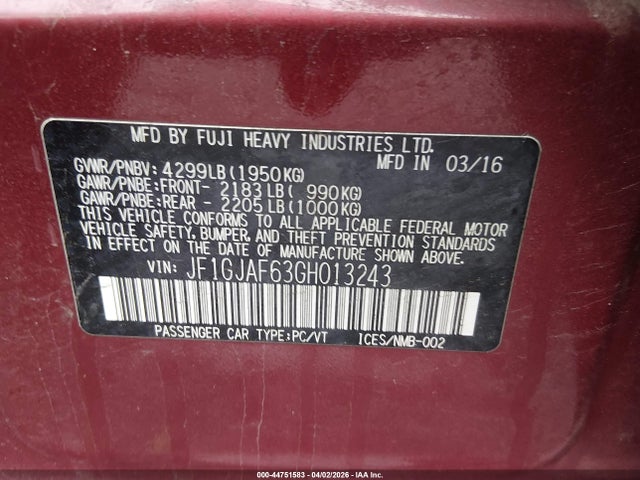 Продажа на аукционе авто 2016 Subaru Impreza 2.0i Premium, vin: JF1GJAF63GH013243, номер лота: 44751583