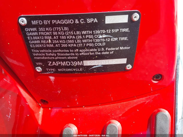 2025 Vespa Gts/sei Giorni 300 მანქანა იყიდება აუქციონზე, vin: ZAPMD39M5S5201863, აუქციონის ნომერი: 44751588