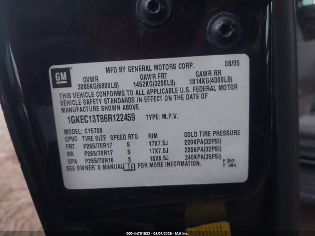 Aukcja sprzedaży 2006 Gmc Yukon Slt, vin: 1GKEC13T86R122459, numer aukcji: 44751632