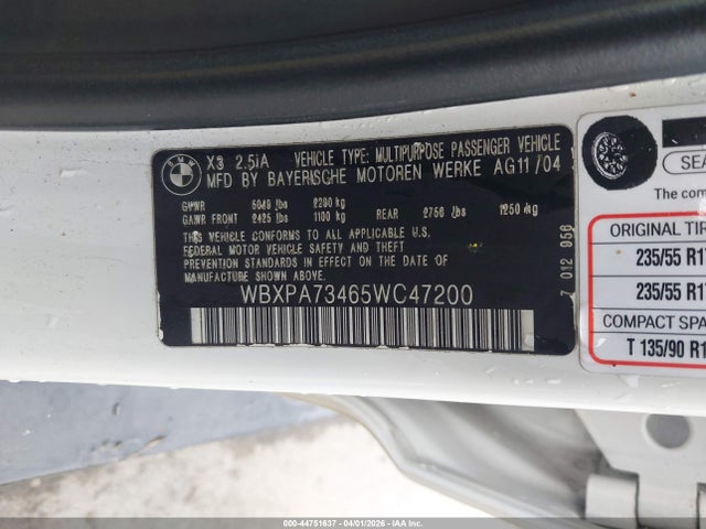 2005 Bmw X3 2.5i მანქანა იყიდება აუქციონზე, vin: WBXPA73465WC47200, აუქციონის ნომერი: 44751637