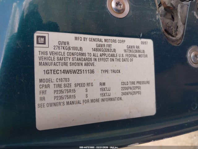 44751660 :رقم المزاد ، 1GTEC14W6WZ511136 vin ، 1998 Gmc Sierra 1500 Sl Sportside مزاد بيع