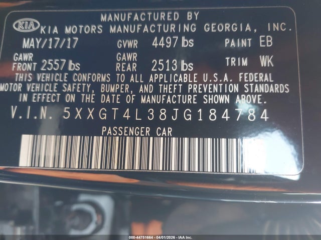 2018 Kia Optima Lx მანქანა იყიდება აუქციონზე, vin: 5XXGT4L38JG184784, აუქციონის ნომერი: 44751664