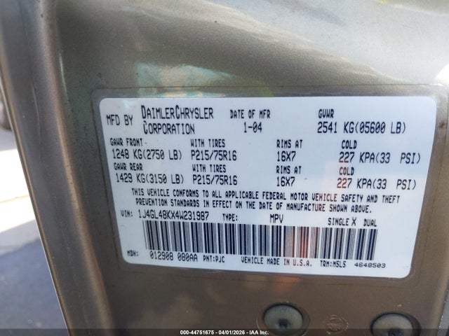 44751675 :رقم المزاد ، 1J4GL48KX4W231987 vin ، 2004 Jeep Liberty Sport مزاد بيع