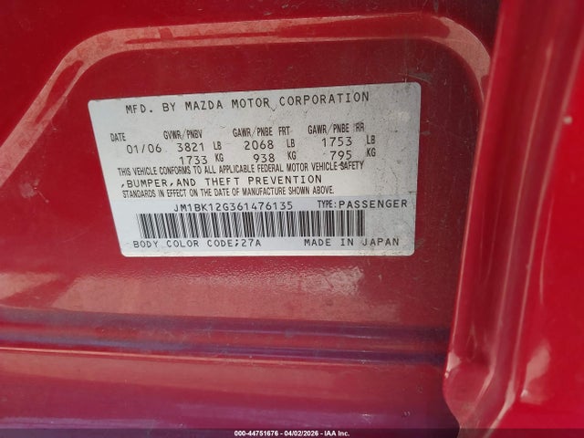 Продаж на аукціоні авто 2006 Mazda Mazda3 I, vin: JM1BK12G361476135, номер лоту: 44751676