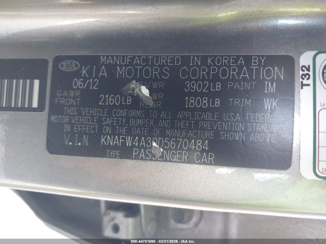44751690 :رقم المزاد ، KNAFW4A30D5670484 vin ، 2013 Kia Forte Sx مزاد بيع