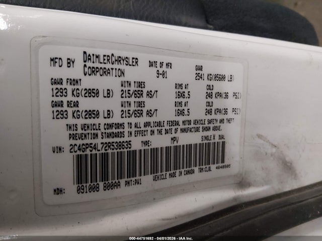 44751692 :رقم المزاد ، 2C4GP54L72R538635 vin ، 2002 Chrysler Town & Country Lxi مزاد بيع