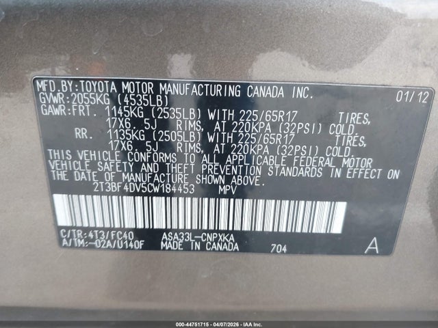 Продаж на аукціоні авто 2012 Toyota Rav4, vin: 2T3BF4DV5CW184453, номер лоту: 44751715