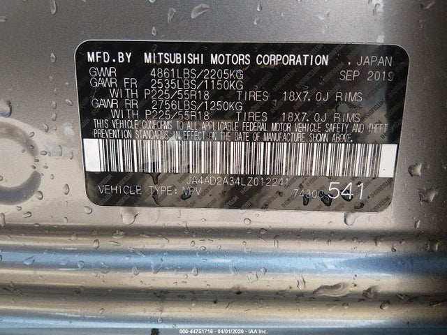 44751716 :رقم المزاد ، JA4AD2A34LZ012241 vin ، 2020 Mitsubishi Outlander Es 2.4 مزاد بيع