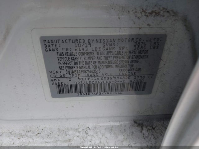 Nissan SENTRA SV 2019 3N1AB7AP3KY443516 Image 9