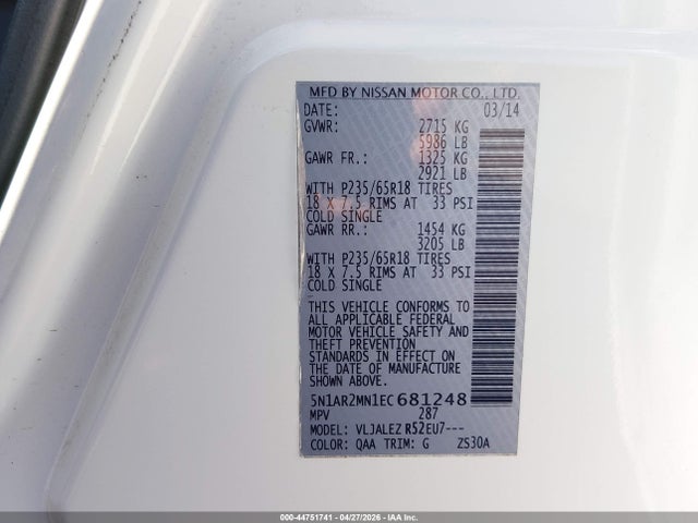 Aukcja sprzedaży 2014 Nissan Pathfinder Sv, vin: 5N1AR2MN1EC681248, numer aukcji: 44751741