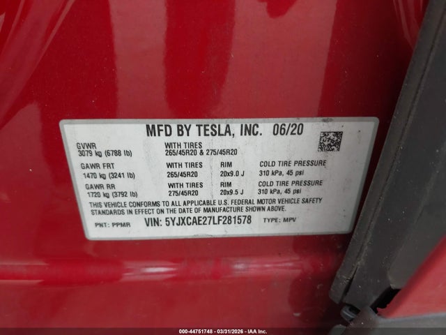 5YJXCAE27LF281578 Tesla Model X Long Range Dual Motor All-wheel Drive/long Range Plus Dual Motor All-wheel Drive