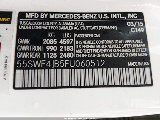 Продаж на аукціоні авто 2015 Mercedes-benz C 300, vin: 55SWF4JB5FU060512, номер лоту: 44751749
